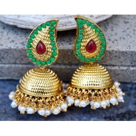 Red Green Gold Jhumka Earrings with Pearls